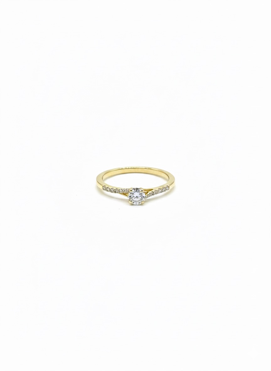 Deze 14k gouden diamanten solitaire ring met zijdiamanten, is perfect als verlovingsring. Gemaakt van 14-karaats goud in maat 54, straalt deze ring elegantie uit met zijn briljant geslepen diamanten (VS2, G kleur) van in totaal 0,17 karaat. Draag deze sprankelende ring als een symbool van liefde en toewijding.