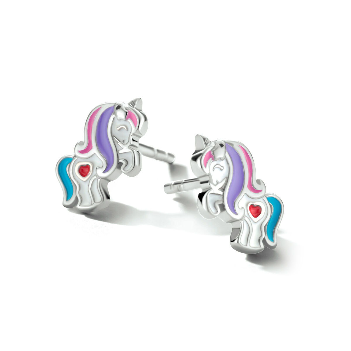 Gerhodineerd 925 zilveren oorknoppen uitgevoerd in de vorm van een emaille eenhoorn.