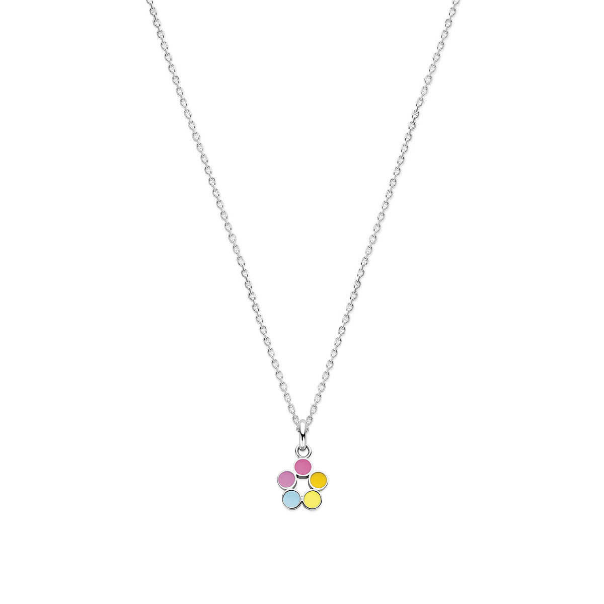 Zilver collier bloem 36+4cm
Gerhodineerd 925 zilveren collier uitgevoerd met een lieveheersbeestje en emaille. Het collier heeft draaglengtes van 36+4cm. De schakelbreedte is 1.4mm.