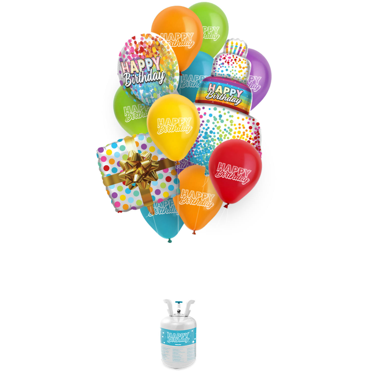 Helium Cilinder BalloonGaz 30 'Happy Birthday' met Ballonnen en Lint. Inhoud: 1 helium cilinder (0,21 m3), 12 latexballonnen (23cm), 4 folieballonnen (3x 45cm en 1x 67x73cm) en 1 rol lint (ca. 40 m). Kleur: Meerkleurig. Bijvoorbeeld te gebruiken tijdens de volgende feestgelegenheid/feestgelegenheden: Verjaardag, Kinderfeestje en Tienerfeestje. Met de cilinder kun je tot 30 ballonnen van 9 inch/23 cm opblazen.