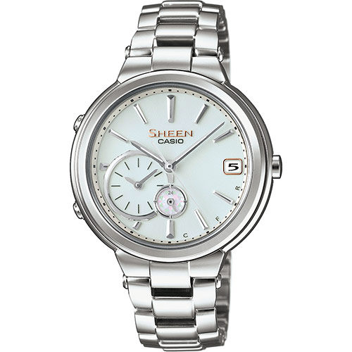 Casio Sheen Damenuhren Ziffernblatt: Weiss Index  Stahl Gliederband Solar 50 Meter Ref.-Nr.: SHB-200D-7AER