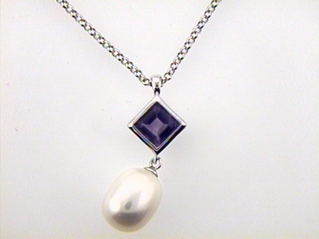 Halsschmuck Ref.-Nr.: 234/138340 925/- Silber 1 Zirkonia  lila 1 China Zuchtperlen 9,0 bis 9,5 Oval 