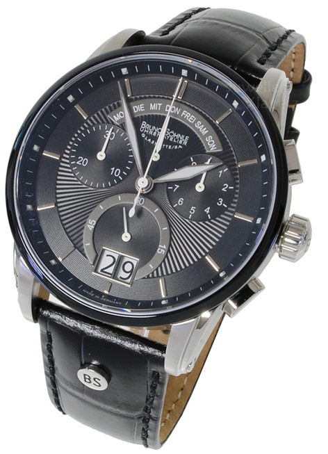 Bruno S&ouml;hnle Glash&uuml;tte Herrenuhren Ziffernblatt: Schwarz Index  Stahl, Silber LEDER, schwarz Leder Quartz 100 Meter Ref.-Nr.: 17-73117-741