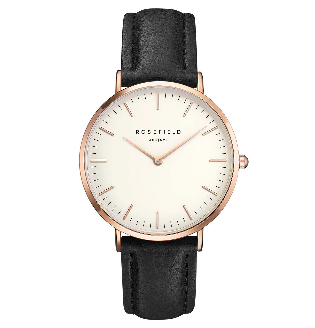 ROSEFIELD Unisex Uhr Ziffernblatt: Weiss Index  EST/- Stahl, Ros&eacute; MET/- Messing, Ros&eacute; LEDER, schwarz Leder Quartz 30 Meter Ref.-Nr.: BWBLR-B1 Ind.-Nr: RF123-B-00284