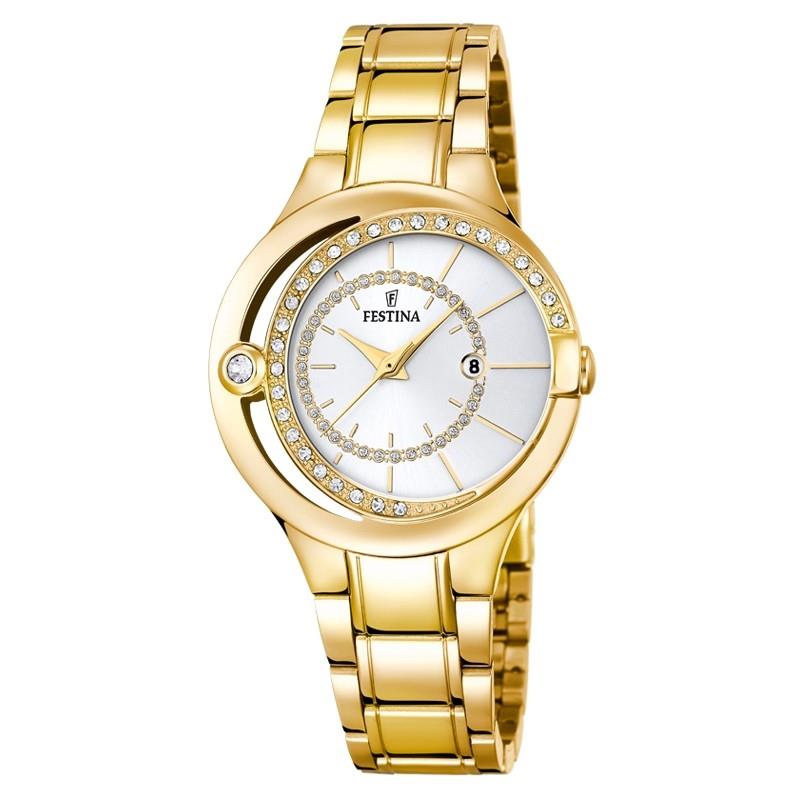 Festina Damenuhren Ziffernblatt: Hell Index  EST/- Stahl, gelb Zirkonia  Wei&szlig;  Metall Quartz 50 Meter Ref.-Nr.: F16948/1 Ind.-Nr: F16948