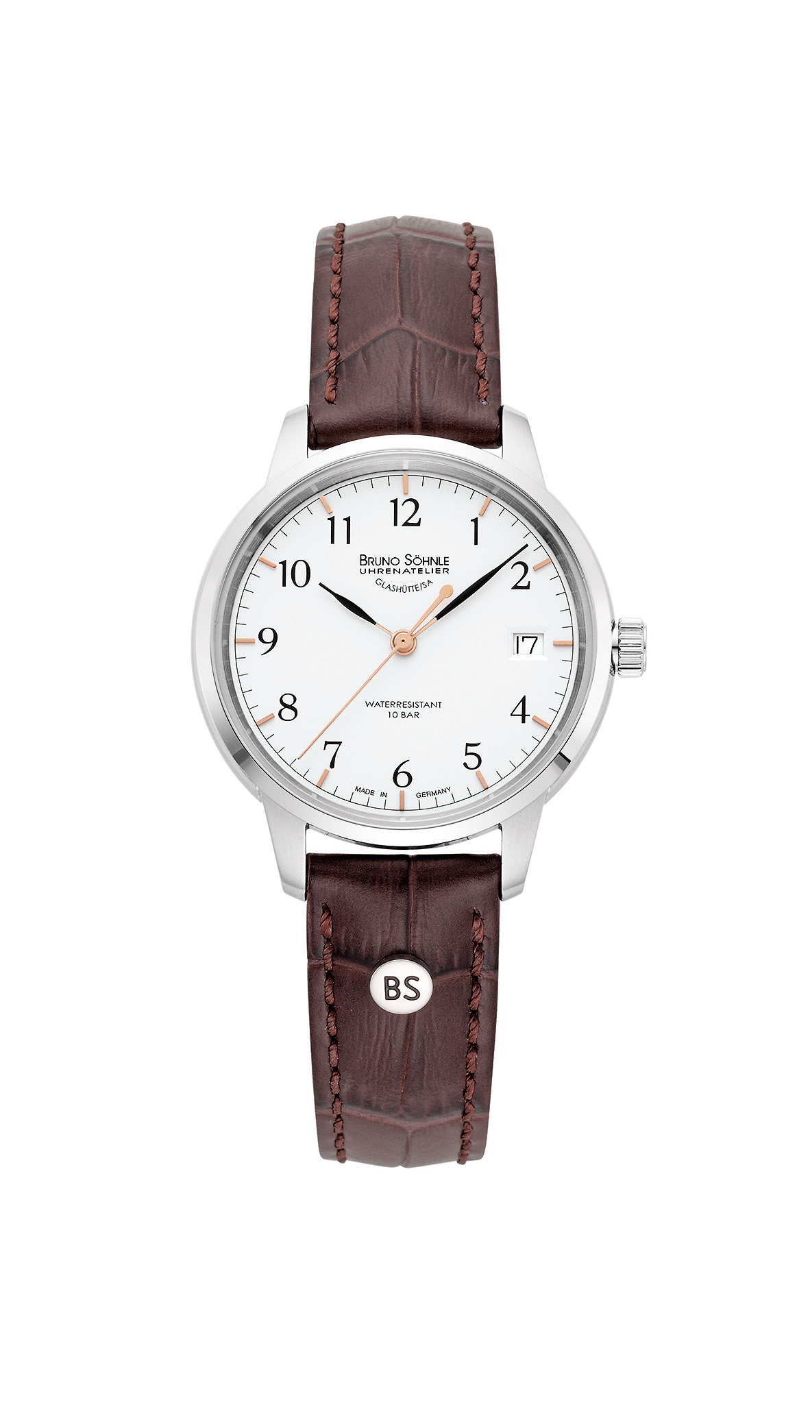 Bruno S&ouml;hnle Glash&uuml;tte Herrenuhren Ziffernblatt: Weiss Arabisch  Leder 6003.D Ronda 100 Meter Ref.-Nr.: 17-13202-221 Ind.-Nr: 1246