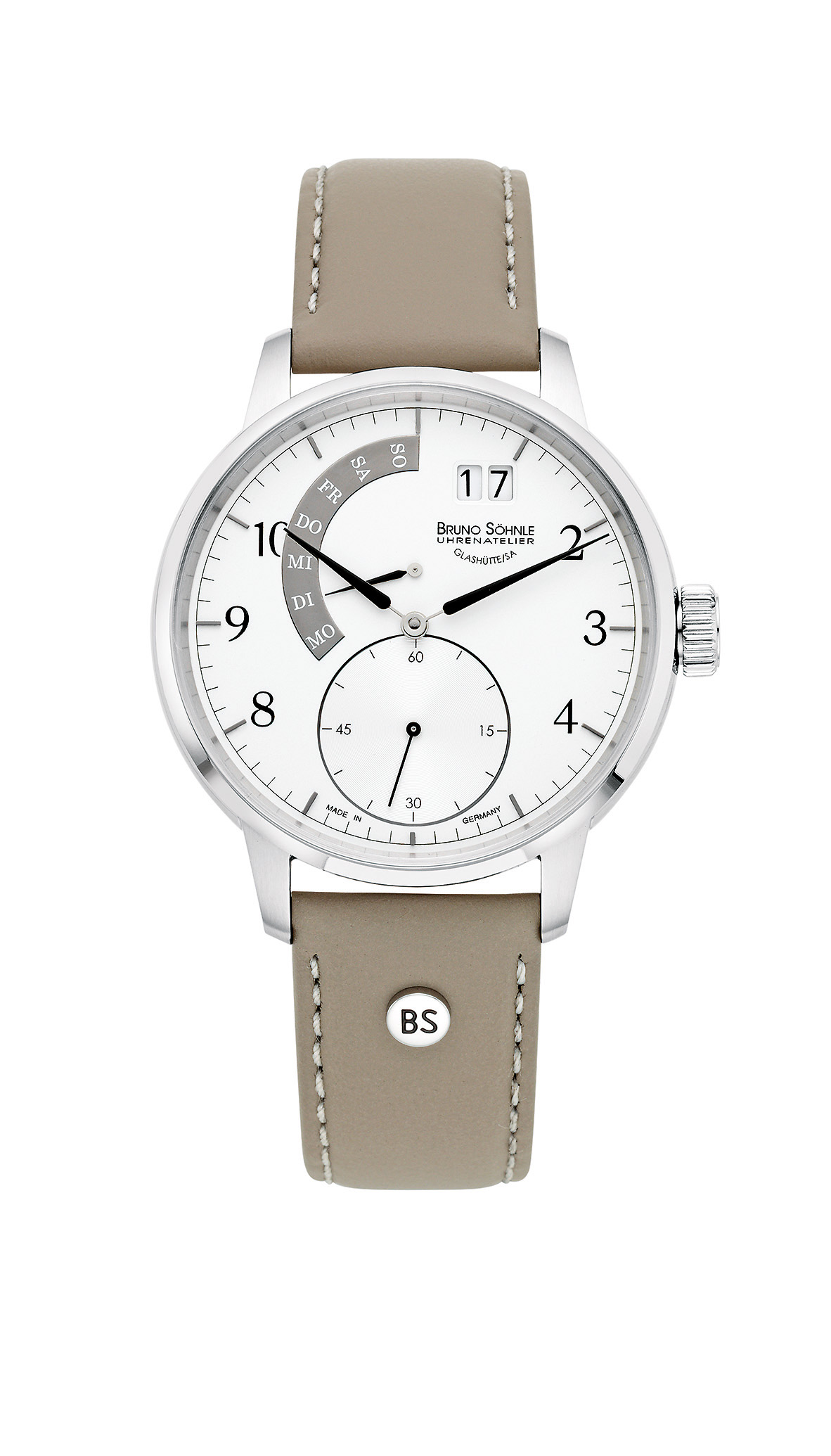Bruno S&ouml;hnle Herrenuhren Ziffernblatt: Hell Arabisch  EST/- Stahl, wei&szlig; Leder Ronda 7004 P 100 Meter Ref.-Nr.: 17-13205-261 Ind.-Nr: 792 205/