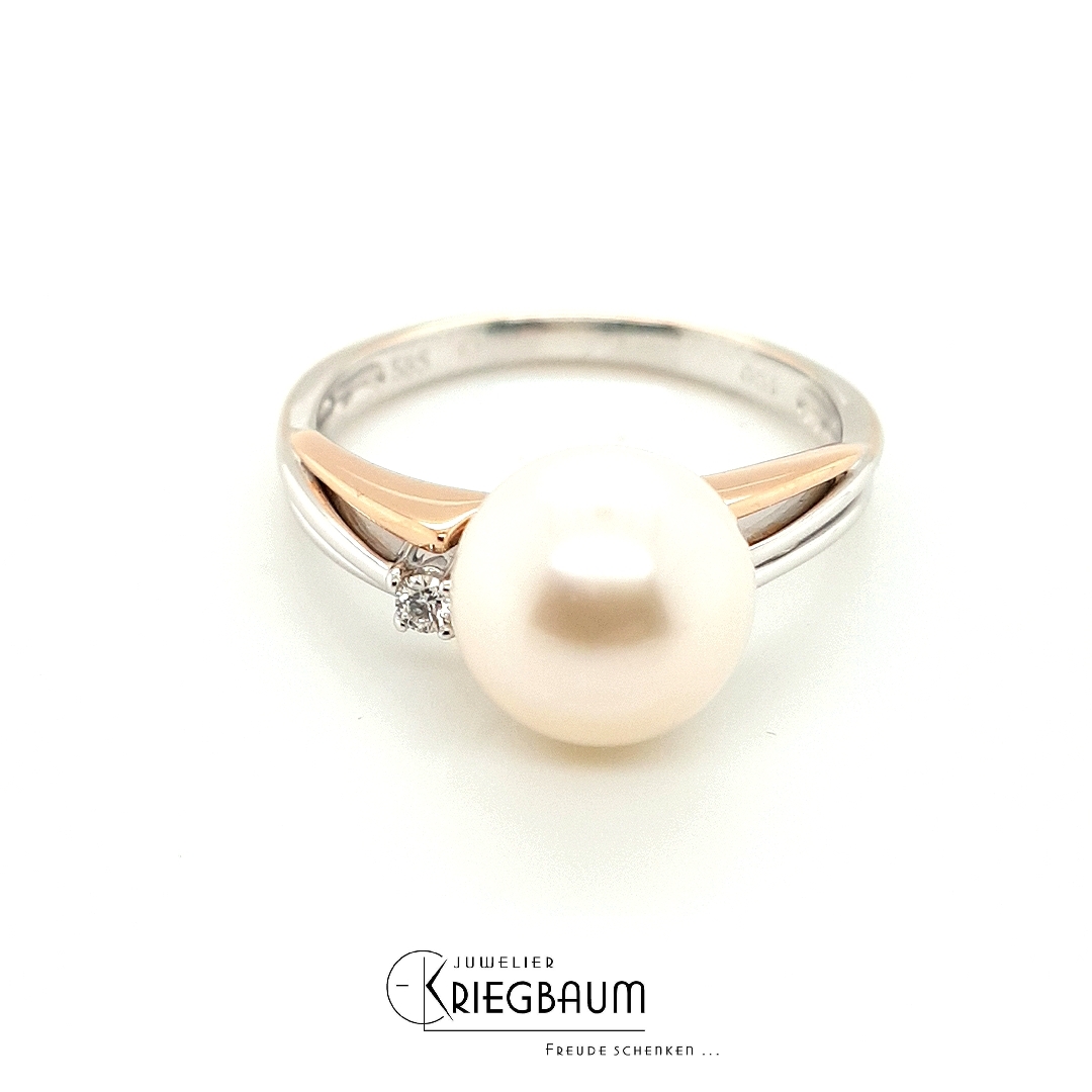 Ringe Ref.-Nr.: 6793-1554 585/- Gold, Wei&szlig;gold/Rosegold 1 Diamant Wesselton kleine Einschl&uuml;sse Brillantschliff 0,03ct.  1 S&uuml;&szlig;wasser Zuchtperle 9,0 bis 9,5 Wei&szlig; Oval Ringgr&ouml;&szlig;e 57