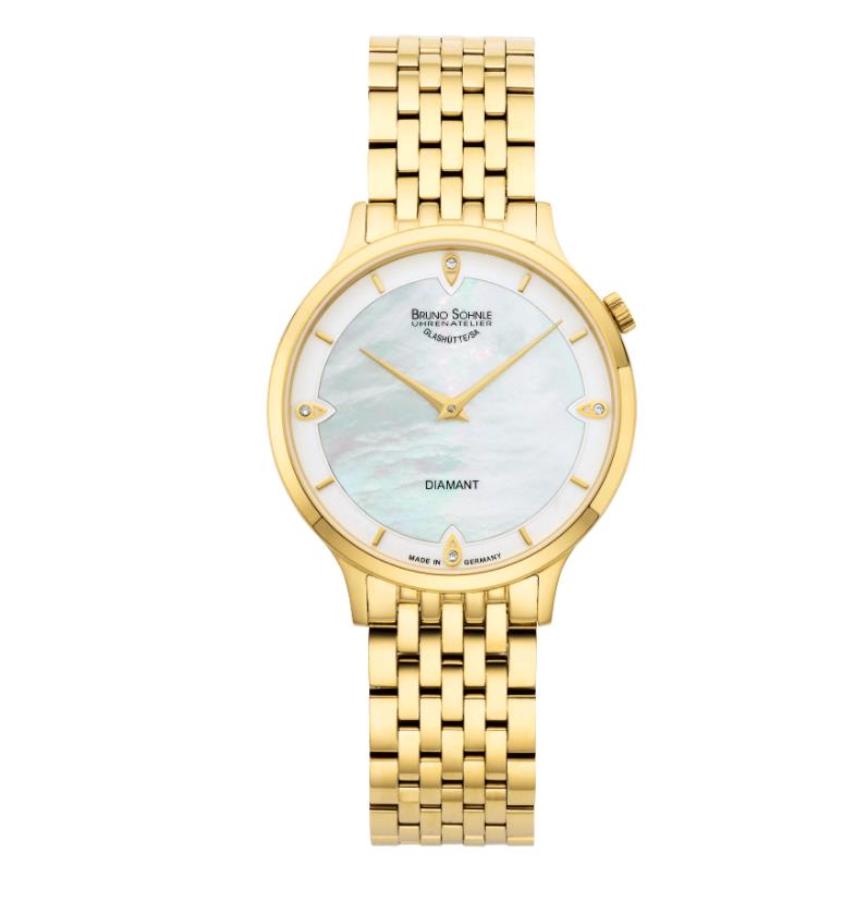 Bruno S&ouml;hnle Glash&uuml;tte Damenuhren Ziffernblatt: Perlmutt Index  4 Diamant Top Wesselton kleine Einschl&uuml;sse Brillantschliff 0,02ct.  Gliederband Quartz 30 Meter Ref.-Nr.: 17-33213-292 Ind.-Nr: 213