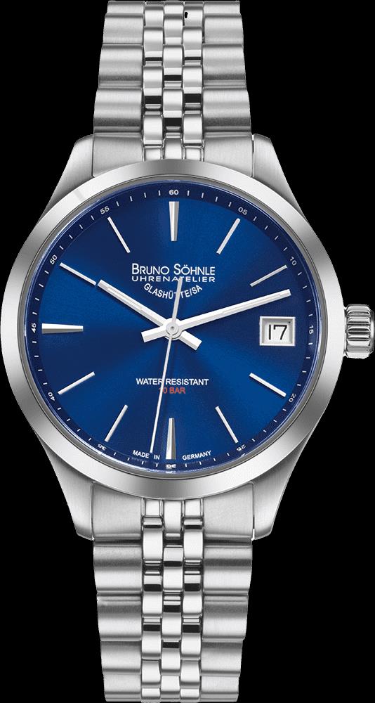 Bruno S&ouml;hnle Glash&uuml;tte Damenuhren Ziffernblatt: Blau Index  Edelstahl Gliederband Quartz 100 Meter Ref.-Nr.: 17-13226-342