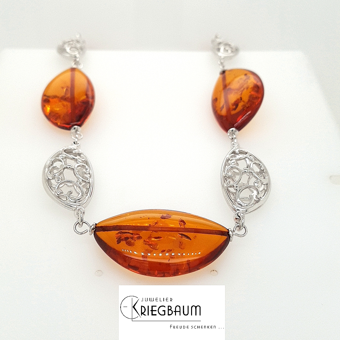 Herrling Bernsteinschmuck Halsschmuck Ref.-Nr.: B-25261 925/rh/- Silber 5 Bernstein braun  L&auml;nge 50 cm