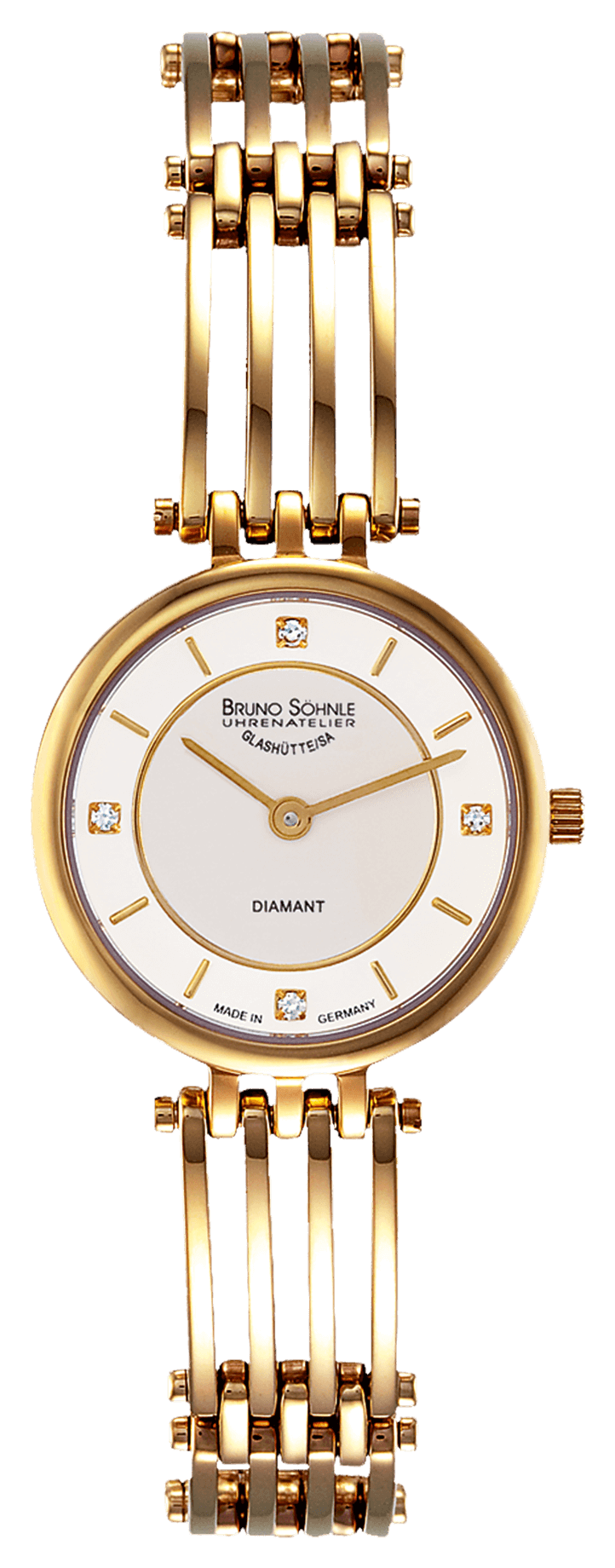 Bruno S&ouml;hnle Glash&uuml;tte Damenuhren Ziffernblatt: Hell Index Dia  4 Diamant Wesselton kleine Einschl&uuml;sse Brillantschliff 0,005ct.  Metall Quartz 30 Meter Ref.-Nr.: 17-33103-242