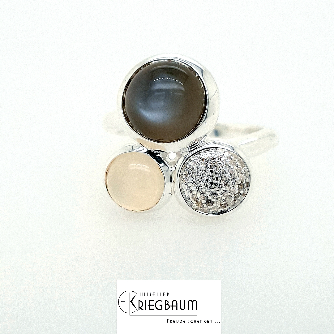 Linkenheil Ringe Ref.-Nr.: 20109-1991 925/- Silber 1 Mondstein Grau  1 Mondstein Wei&szlig;  Zirkonia  Wei&szlig;  Ringgr&ouml;&szlig;e 54