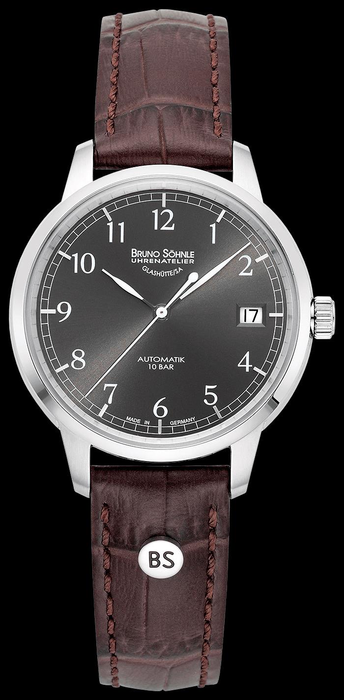 Bruno S&ouml;hnle Glash&uuml;tte Damenuhren Ziffernblatt: Schwarz Index  Edelstahl Leder Automatik 100 Meter Ref.-Nr.: 17-12204-821