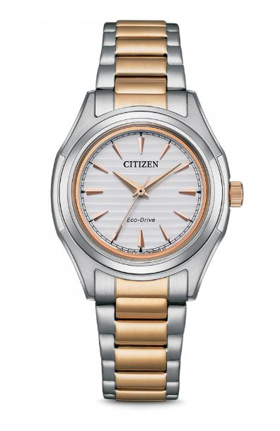 Citizen Solar Armbanduhren Damenuhren Ziffernblatt: Hell Index  Edelstahl, bicolor Gliederband Solar 100 Meter Ref.-Nr.: FE2116-85A