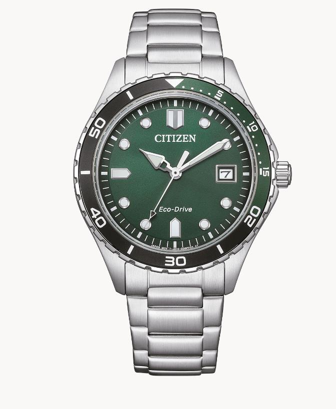Citizen Solar Armbanduhren Herrenuhren Ziffernblatt: Gr&uuml;n Index  Edelstahl Gliederband Solar 100 Meter 