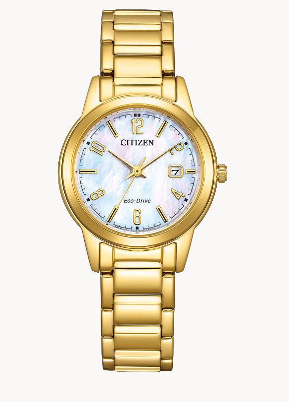 Citizen Solar Armbanduhren Damenuhren Ziffernblatt: Perlmutt Index  Edelstahl, gelb Gliederband Solar 30 Meter Ref.-Nr.: FE1242-78D 