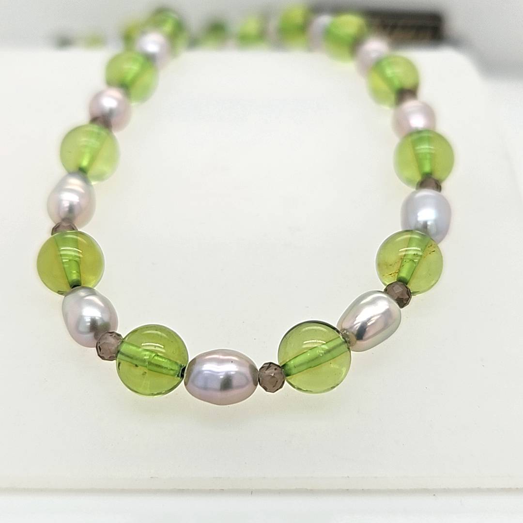 Herrling Bernsteinschmuck Halsschmuck Ref.-Nr.: K-22554 925/- Silber Bernstein Gr&uuml;n  Rauchquarz braun  S&uuml;&szlig;wasser Zuchtperle Grau L&auml;nge 45 cm