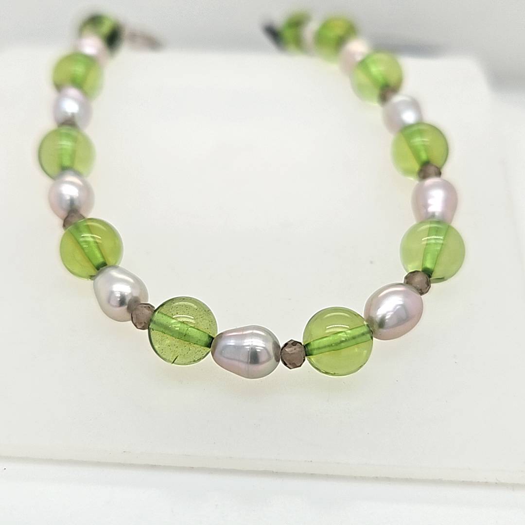 Herrling Bernsteinschmuck Armband Ref.-Nr.: K-76737 925/- Silber Bernstein Gr&uuml;n  Rauchquarz braun  S&uuml;&szlig;wasser Zuchtperle Grau