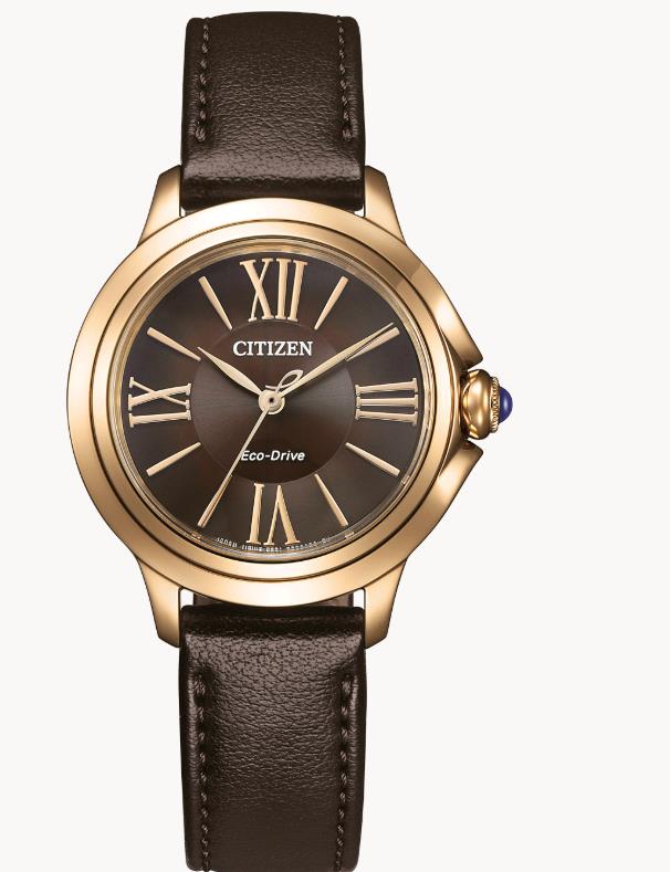 Citizen Solar Armbanduhren Damenuhren Ziffernblatt: Braun Index  Edelstahl, Ros&eacute; Leder Solar 50 Meter Ref.-Nr.: EM1163-09X
