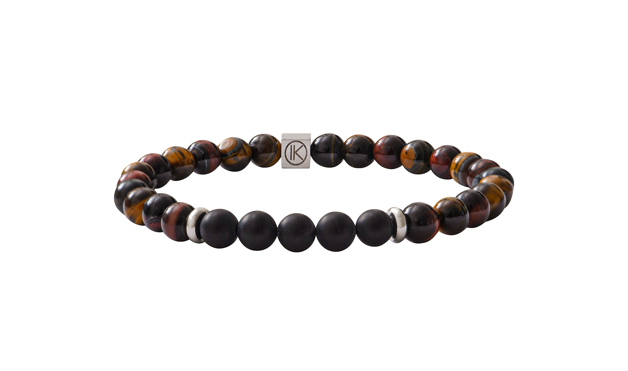 Heren armband met 6mm bolletjes van tijgerooog, stierenoog en valkenoog +zwarte matte agaat