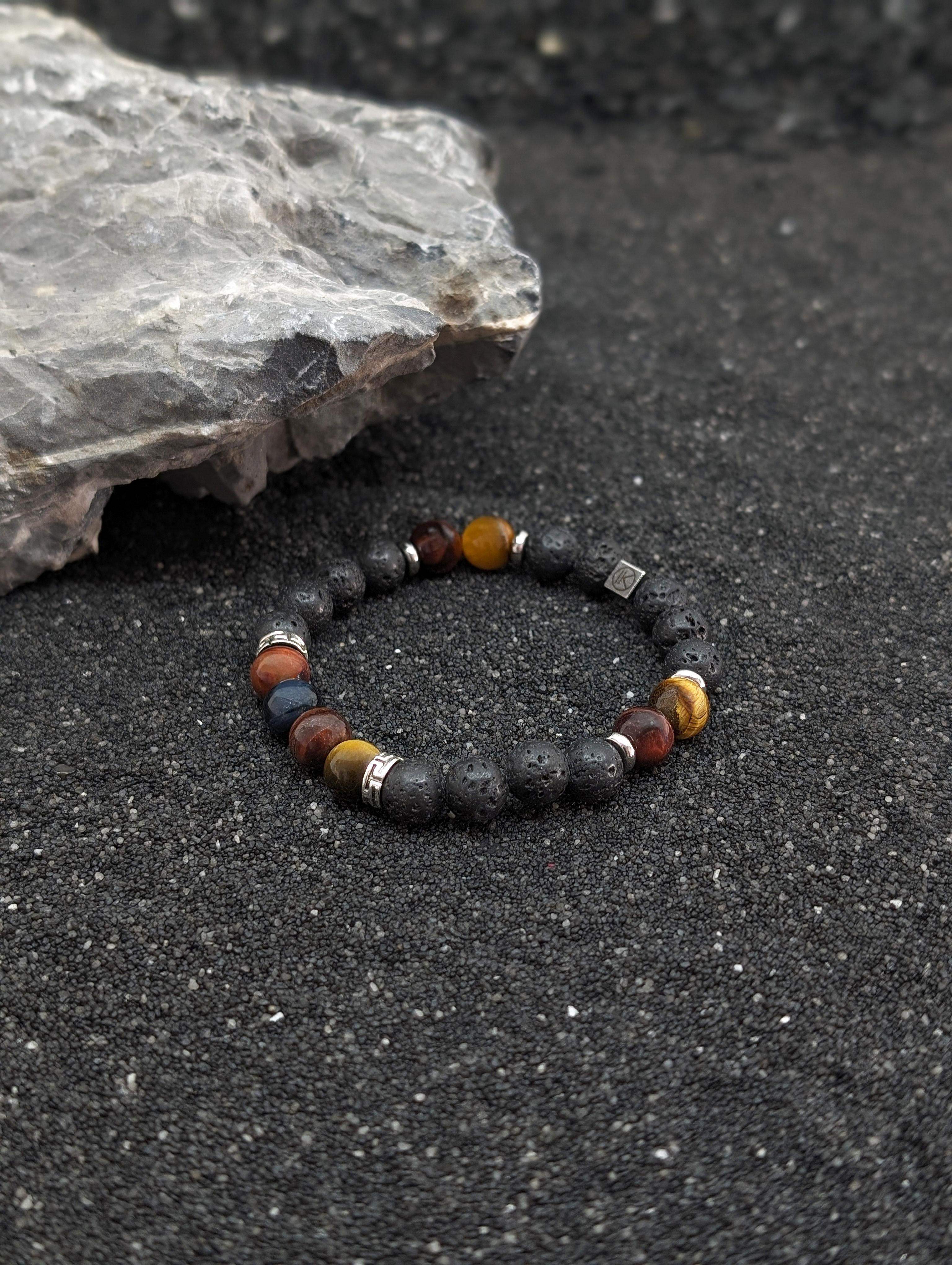 Armband met 3 soorten ogen tijgeroog, valkenoog en stierenoog met matte zwarte agaat 8mm