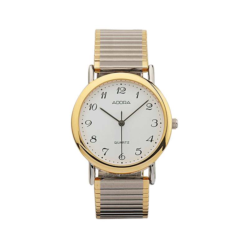Die Adora Basis Herrenuhr bicolor gelb, Modellnummer 1-203556-001, &uuml;berzeugt durch ein elegantes Design mit einem goldfarbenen Edelstahlgeh&auml;use und -armband. Sie verf&uuml;gt &uuml;ber eine analoge Anzeige und ist bis 30 Meter wasserdicht. Der Verzicht auf eine Datumsfunktion unterstreicht die Schlichtheit. Ideal f&uuml;r formelle Anl&auml;sse oder elegante Business-Outfits. Tragen Sie sie mit feiner Kleidung f&uuml;r einen stilvollen Auftritt.