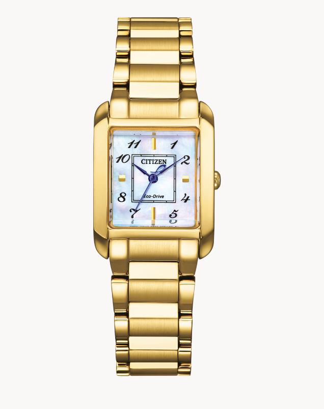 Citizen Solar Armbanduhren Damenuhren Ziffernblatt: Perlmutt Index  Edelstahl, gelb Gliederband Solar 50 Meter Ref.-Nr.: EW5602-81D 