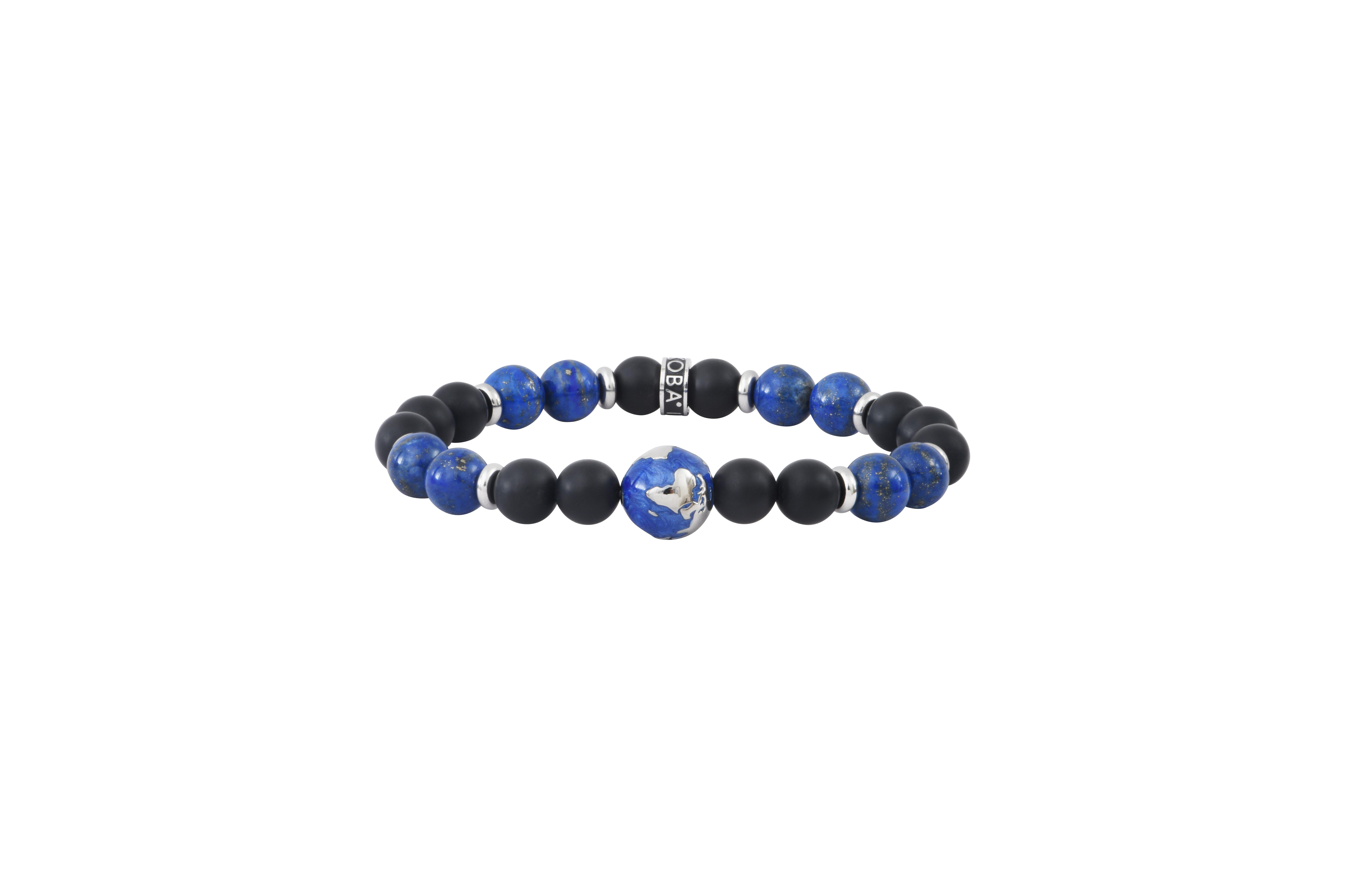 Heren armband met aarde in email blauw  met agaat zwart, lapis lazuli 8mm
