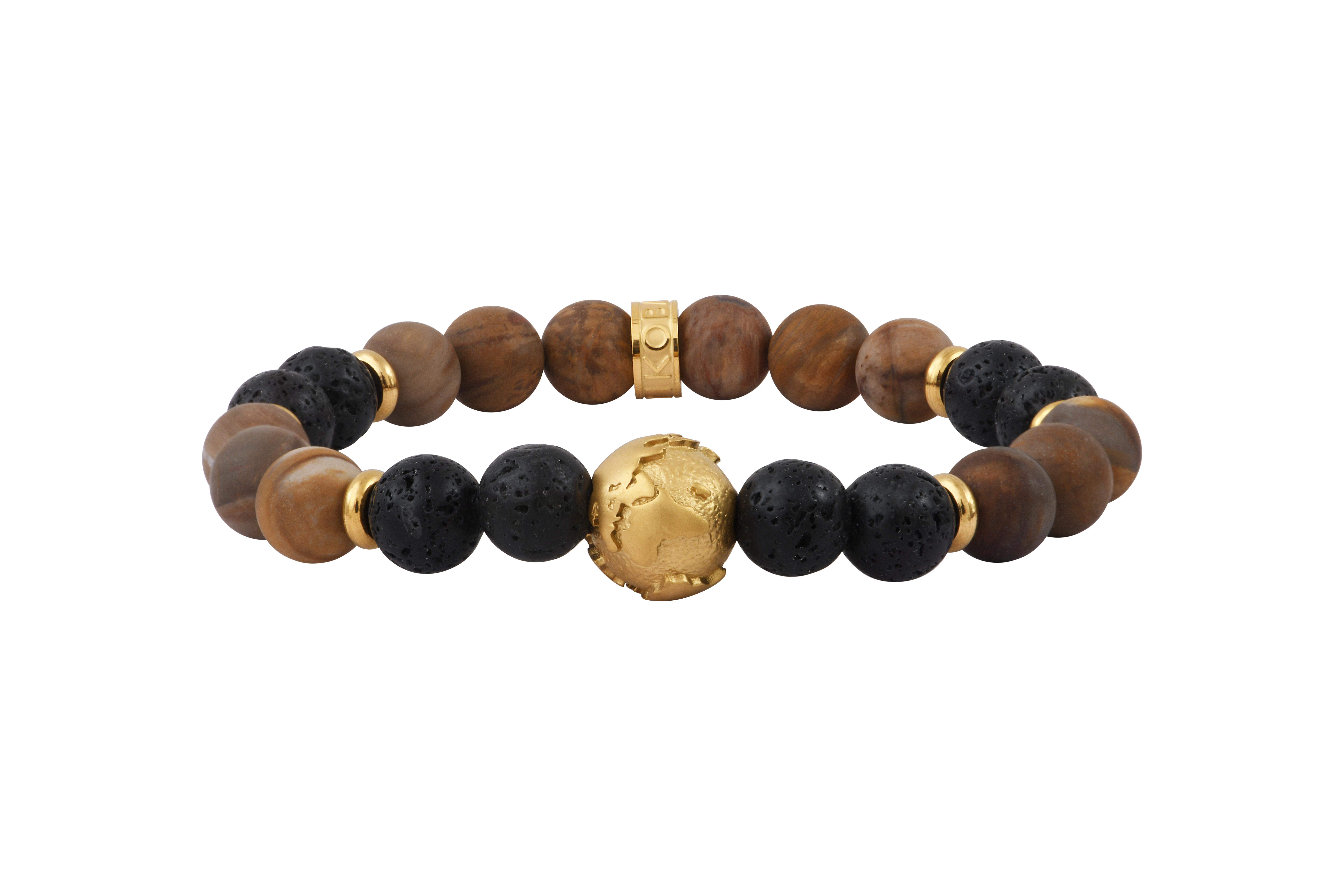 Hertenarmband met verguld stalen bol aarde en lavabolletjes en gefossiliseerde hout bolletjes 8mm