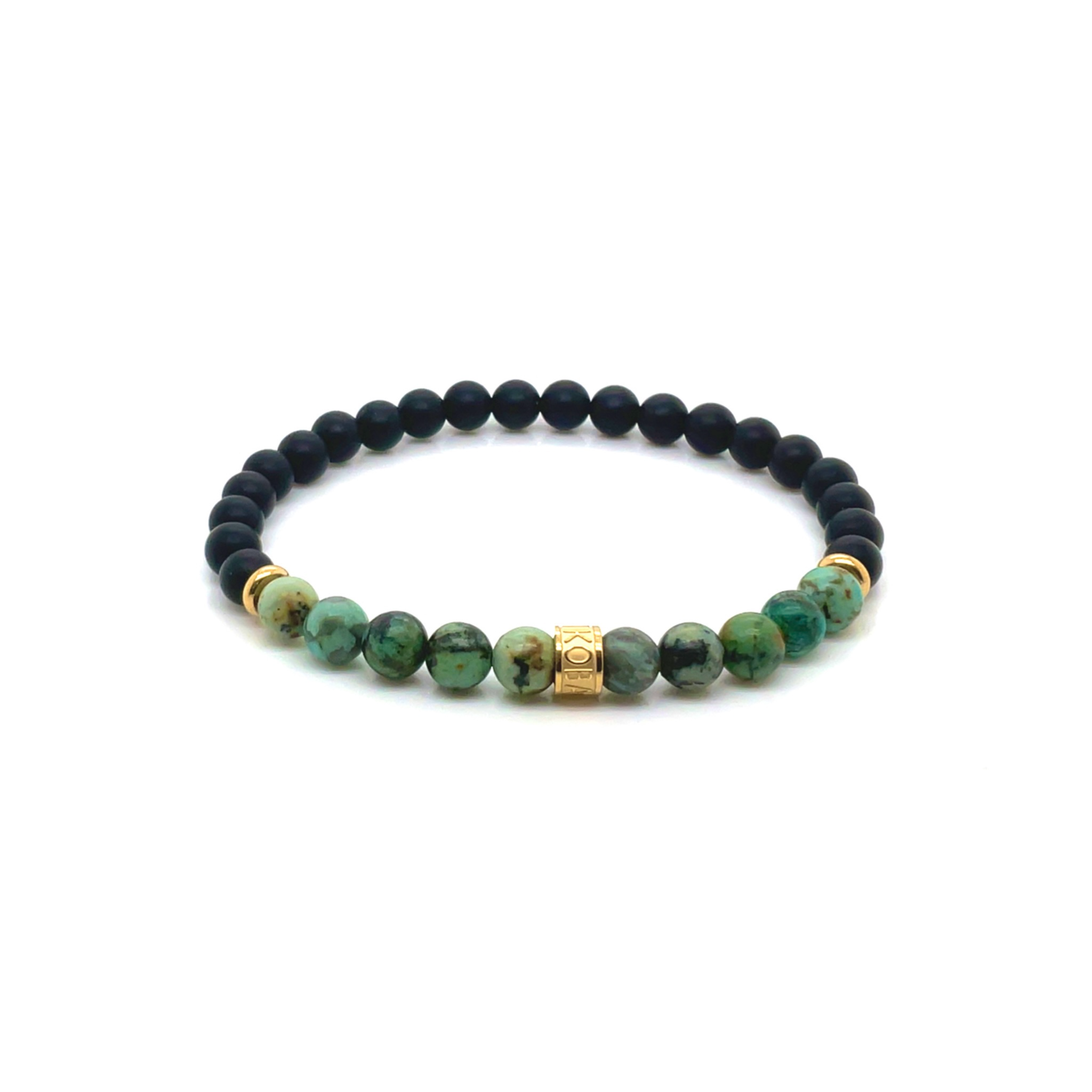 Armband met Afrikaanse turkoois en zwarte agaat 6 mm en verguld staal 