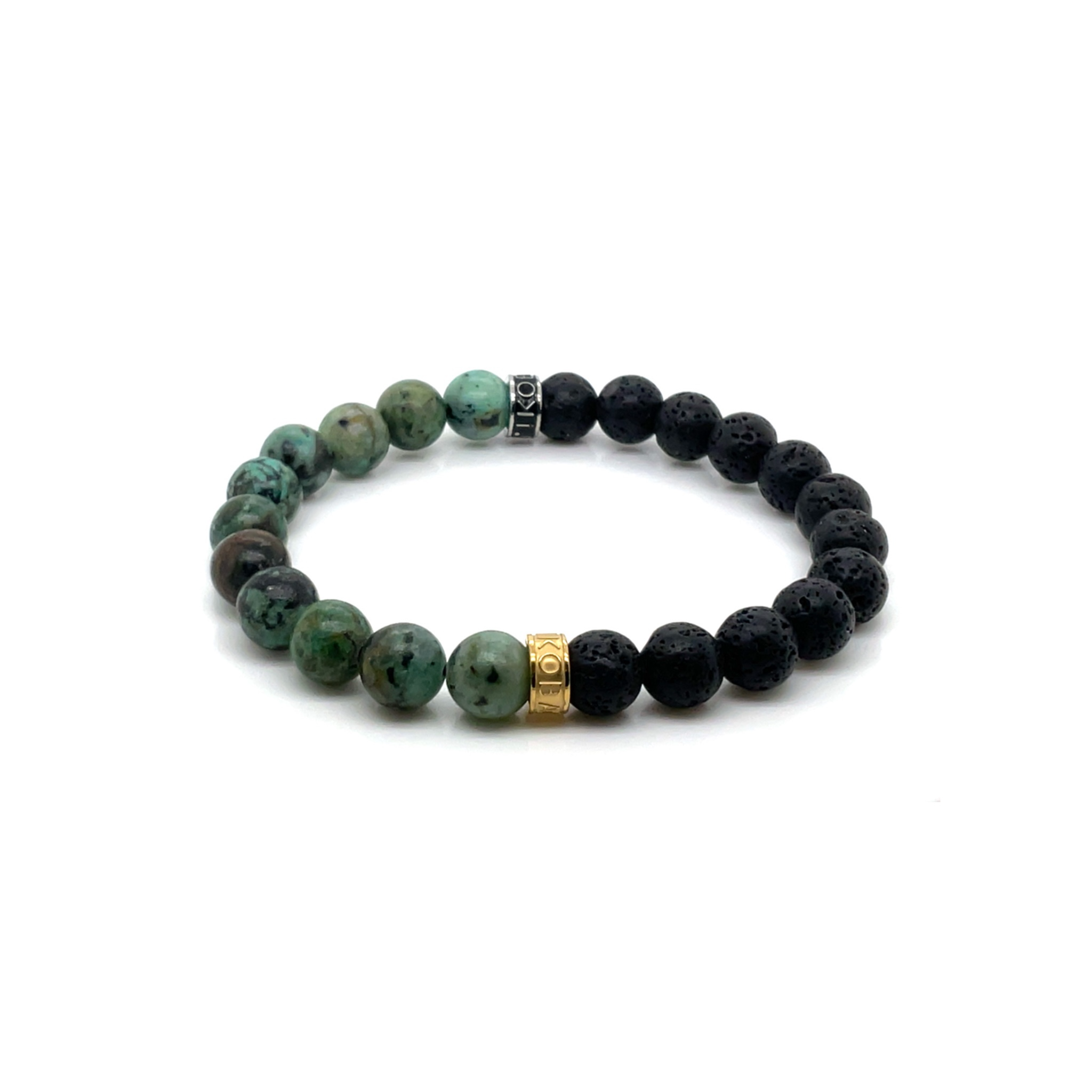 Armband split turquoise Afrikaans met lavastenen 8 mm en verguld staal en zwart staal 