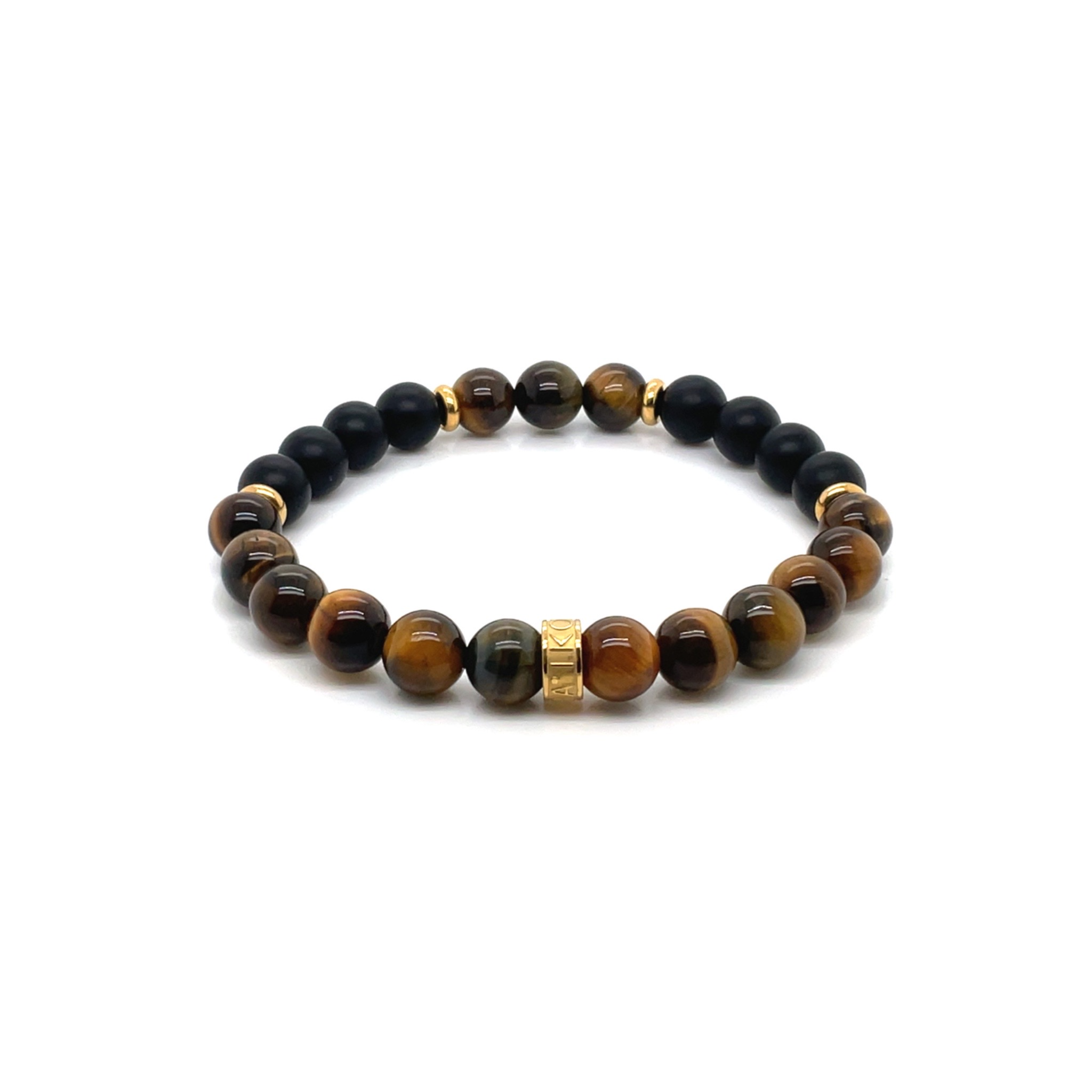 Armband tijgeroog en zwarte agaat 8mm verguld staal