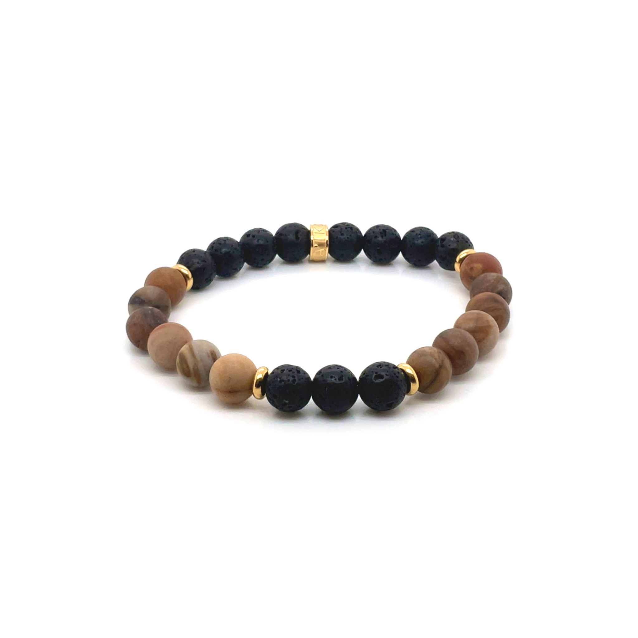 Armband met gefossiliseerd hout en lavastenen met verguld staal 