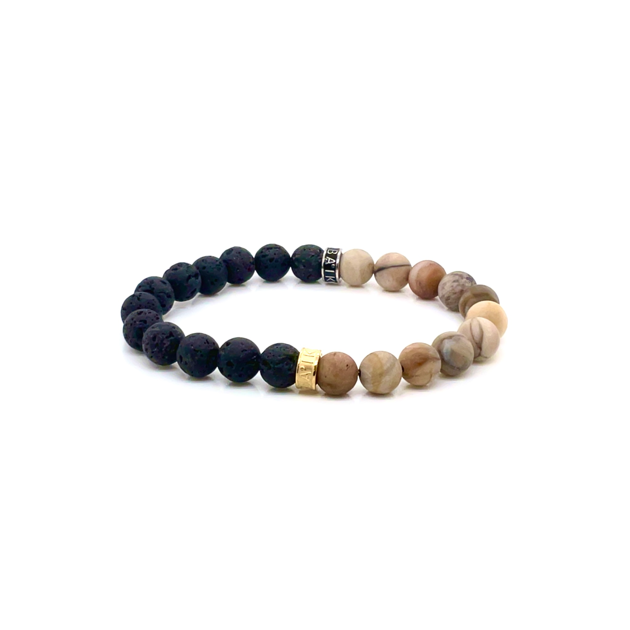 Armband gefossiliseerd hout met lavastenen 8 mm verguld staal en zwart