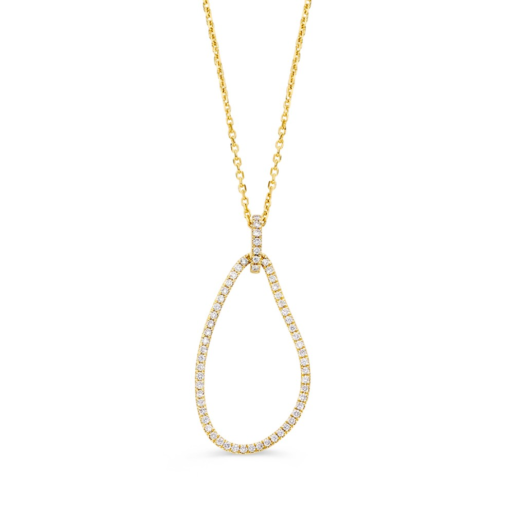 Elegante, geelgouden hanger in organische vorm. De hanger is gezet met fonkelende briljanten. De hanger wordt geleverd met een 14kt gouden collier met ankerschakel. 