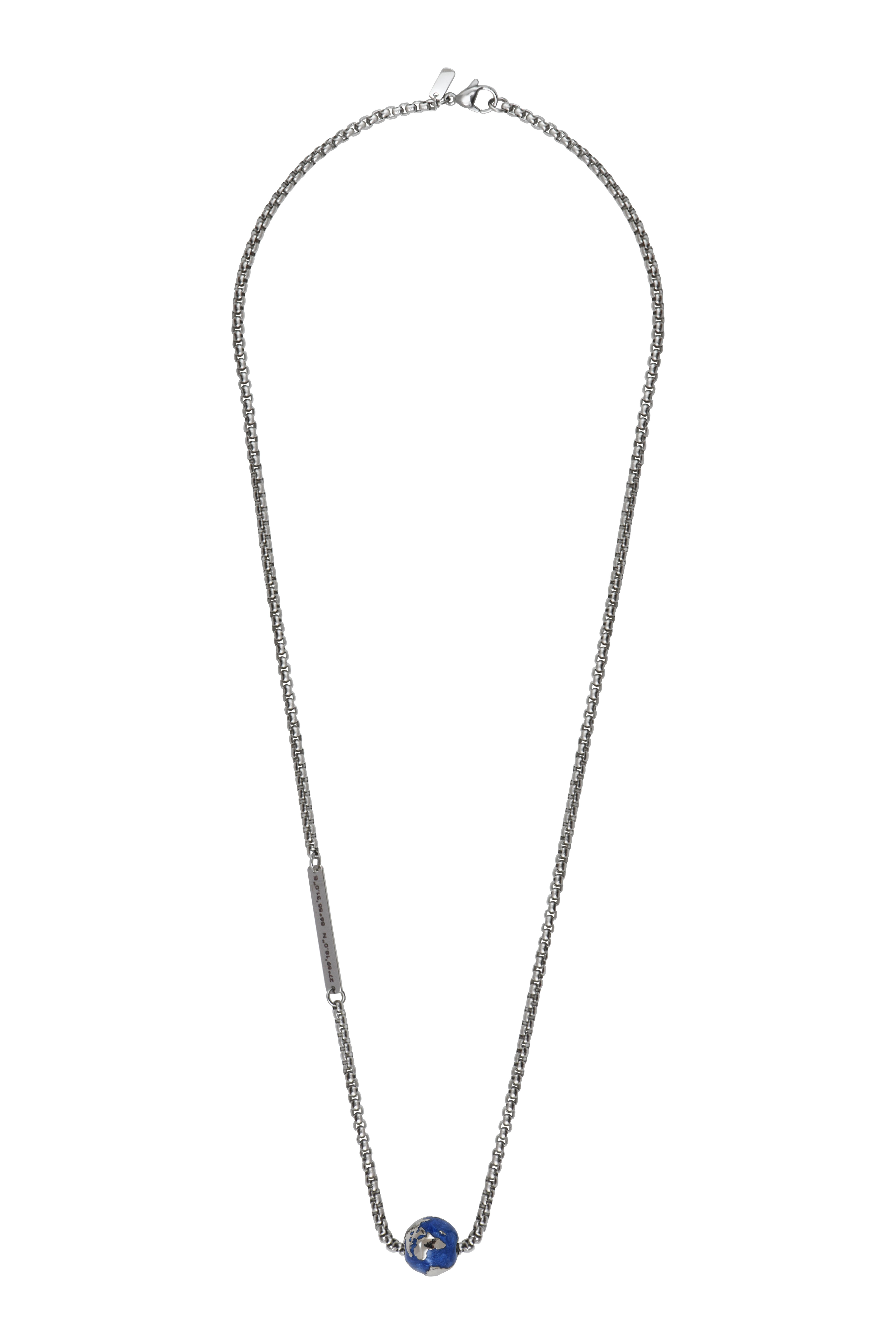 Stalen ketting blinkend met stalen aarde bol in email blauw