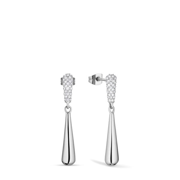  Als bevroren druppels in Arctisch licht: Deze BERING oorbellen vangen de rust en elegantie van het noorden in een vloeiende, sierlijke vorm. De combinatie van strakke lijnen en schitterende details creëert een ontwerp dat zowel modern als poëtisch is.  Op het oor zorgen briljant geslepen zirkonia voor een intense glans. Daaronder hangt een langwerpige druppel van gepolijst roestvrij staal – verfijnd, glad en bijna gewichtloos. Een spel van licht en beweging dat deze oorbellen tot een symbool van ingetogen elegantie maakt.  Gemaakt van zilverkleurig roestvrij staal met een veilige stekersluiting – perfect voor dagelijks gebruik én voor bijzondere gelegenheden. 