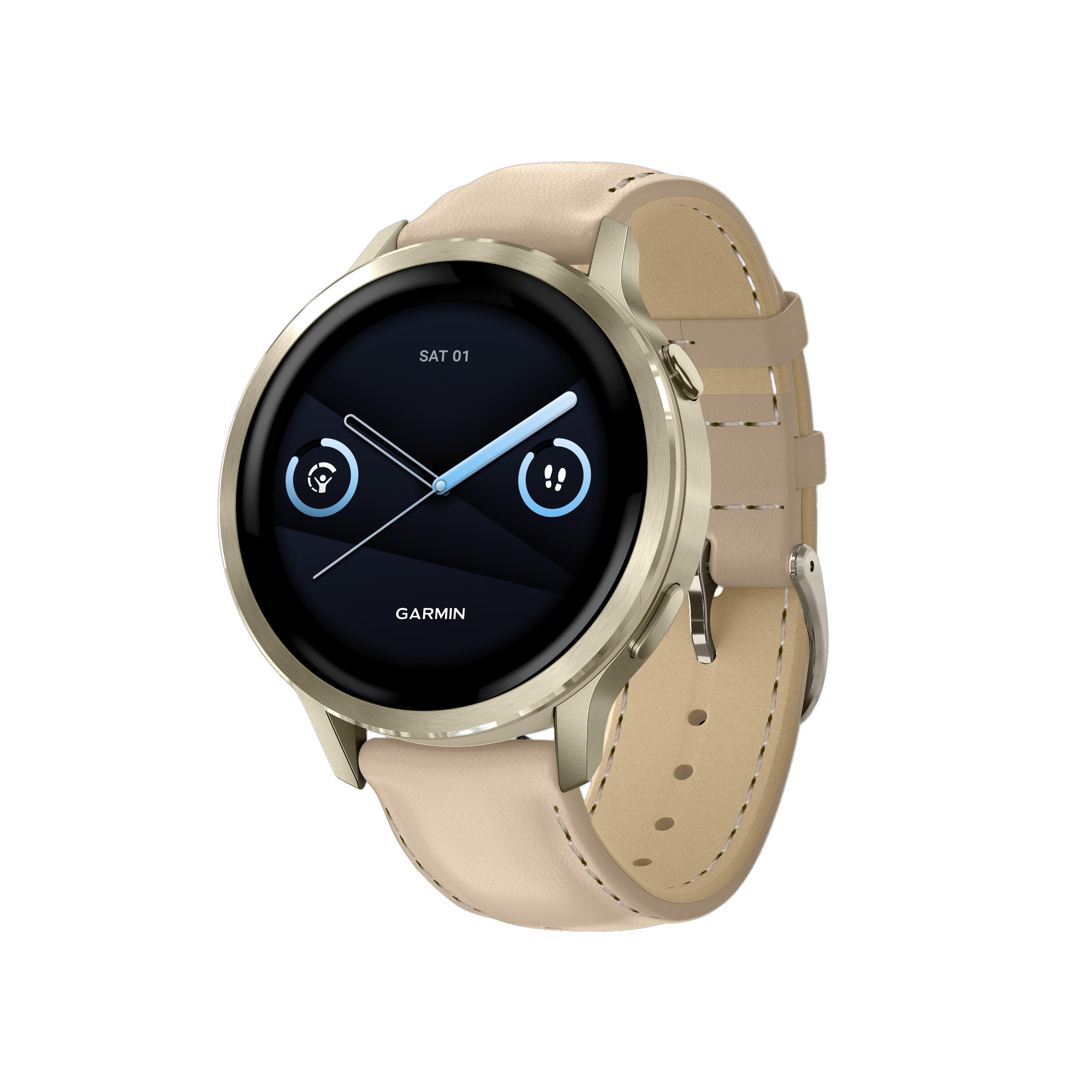 een Polshorloge Garmin model Venu- 4 Lunar Gold met Bone siliconen band en Light Sand leren band