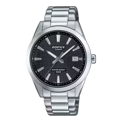 Casio horloge met stalenband en zwarte wijzerplaat. Het horloge is 10 atm waterdicht