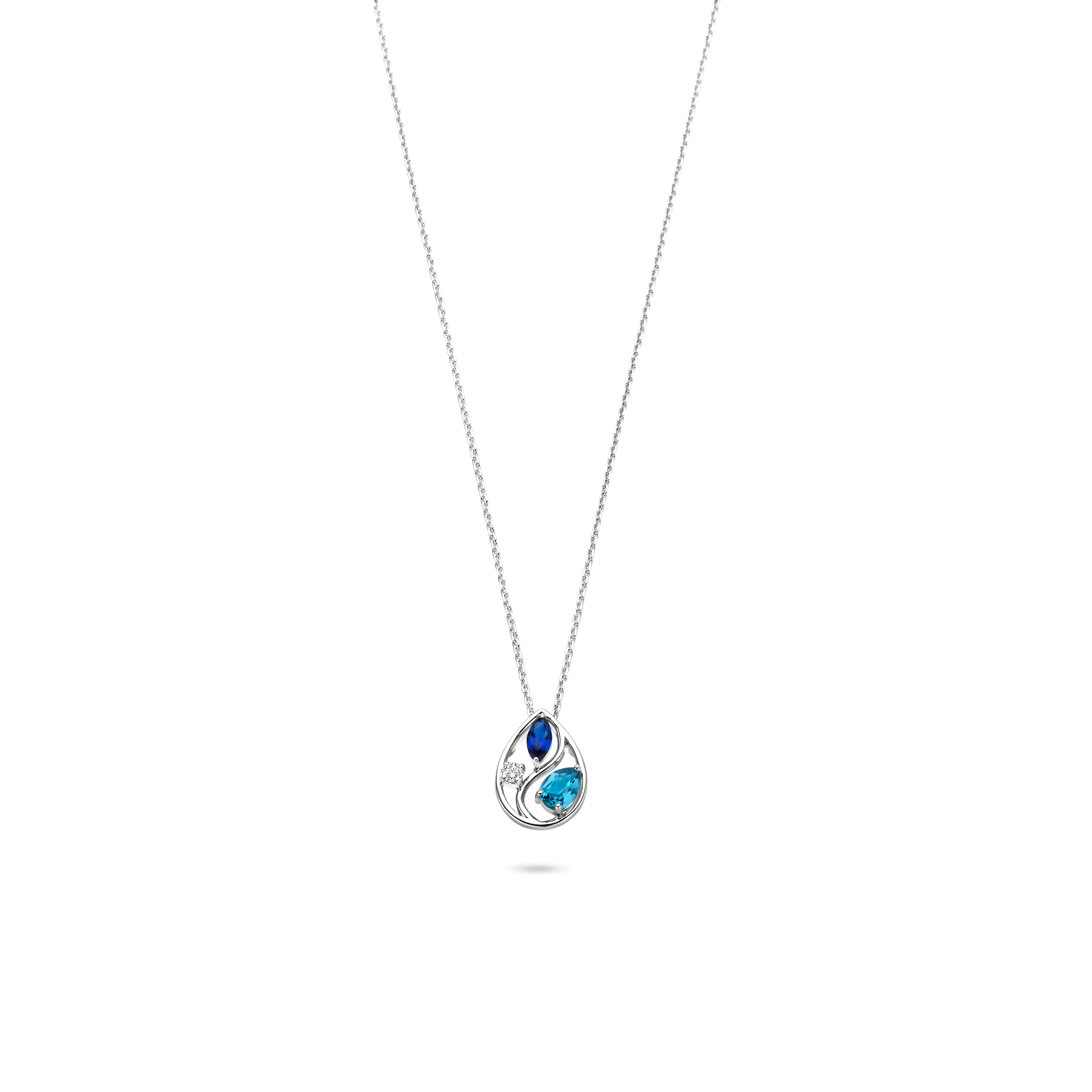 zilveren Rosa collier, druppel +blauw/wit cz