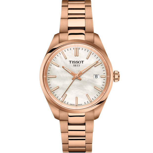Een elegant en betrouwbaar horloge uit de PR 100-collectie van Tissot: het heeft een kast van roestvrij staal met roségouden coating, een witte parelmoer-wijzerplaat en een Zwitsers kwartsuurwerk — én is waterdicht tot 100 m.