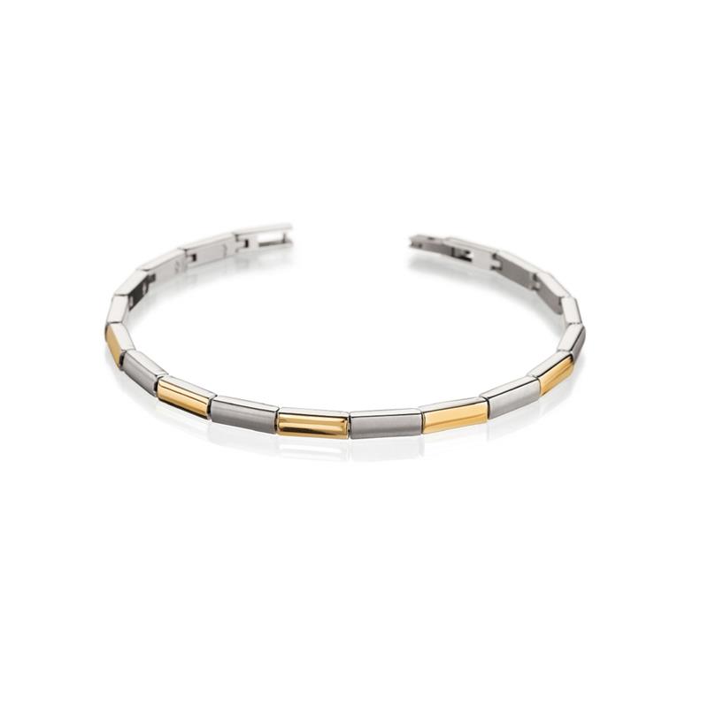 Boccia titanium bi-color armband. Een armband met een schakel mat titanium kleur en de volgende schakel een goudkleurige glans schakel.
