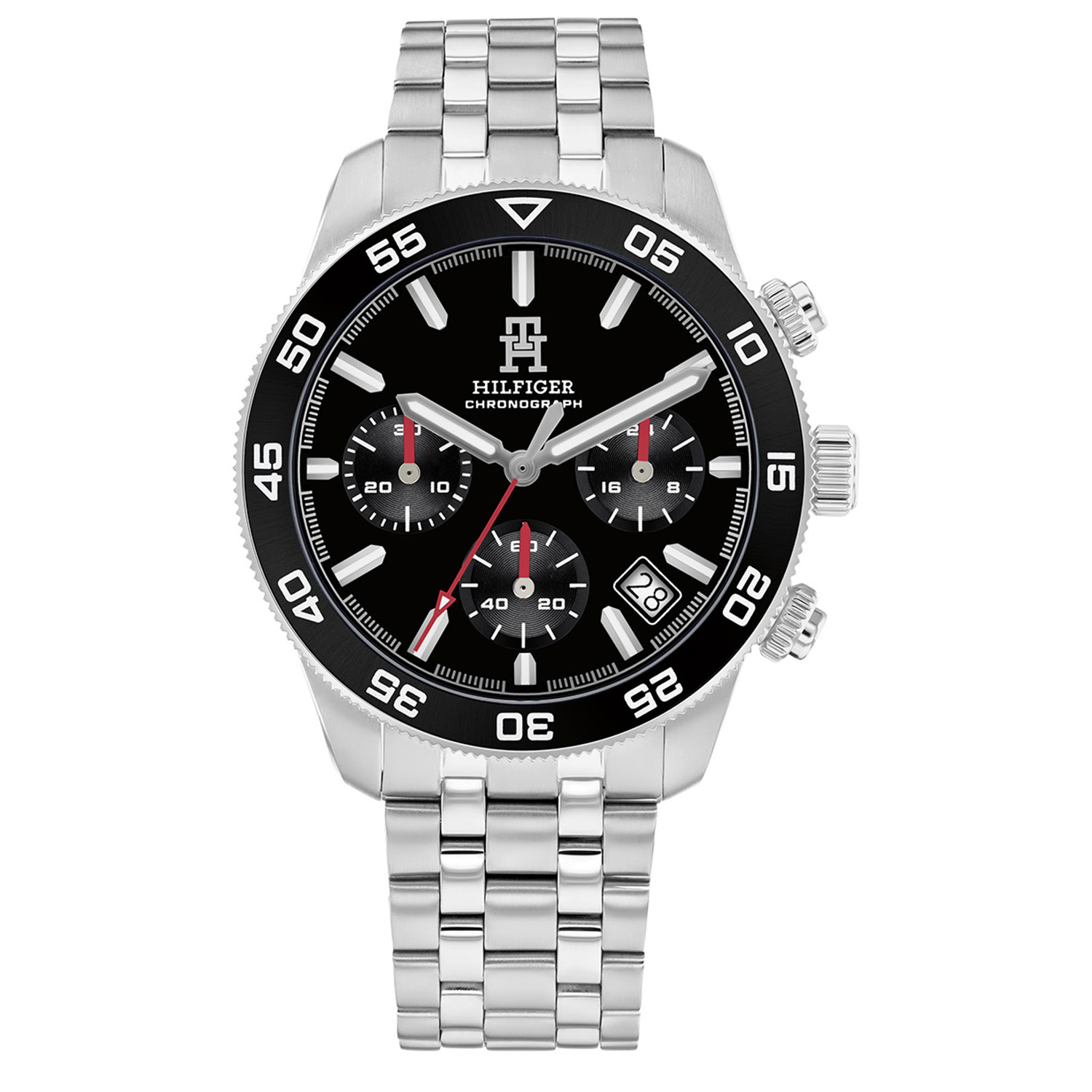 Tommy Hilfiger TH1792156 Horloge Heren Staal Zilverkleurig Chronograaf 41mm
Dit specifieke horloge van Tommy Hilfiger uit de TH85 serie met artikelnr: TH1792156 is een sportief herenhorloge die niet in je collectie mag ontbreken. Het stalen herenhorloge heeft een ronde zilverkleurige kast met een zwarte bezel met daarop een GMT-tijdwijzer.  Het horloge heeft een zwarte wijzerplaat met zilverkleurige wijzers als uursaanduiding en een datum. De zilverkleurige schakelband is op lengte verstelbaar en heeft een vouwsluiting. Het horloge heeft een mineraalglas, een doorsnee van 41mm en is 5ATM.

Het merk:
Sinds de lancering van het merk in 1985 is Tommy Hilfiger wereldwijd bekend geworden als pionier van de klassieke Amerikaanse coole stijl. Geïnspireerd door de iconische popcultuur en het Amerikaanse erfgoed. De dames en herencollectie van dit seizoen bestaan uit minimalistische silhouetten en rustieke lederen details. De herenhorlogecollectie biedt iconische uurwerken met roestvrijstalen, lederen en siliconen banden.

Specificaties:
- Mineraalglas
- Ronde kast 41mm
- Zilverkleurige horlogekast met gekleurde bezel
- Zwarte wijzerplaat
- Zilverkleurige schakelband 
- 5ATM