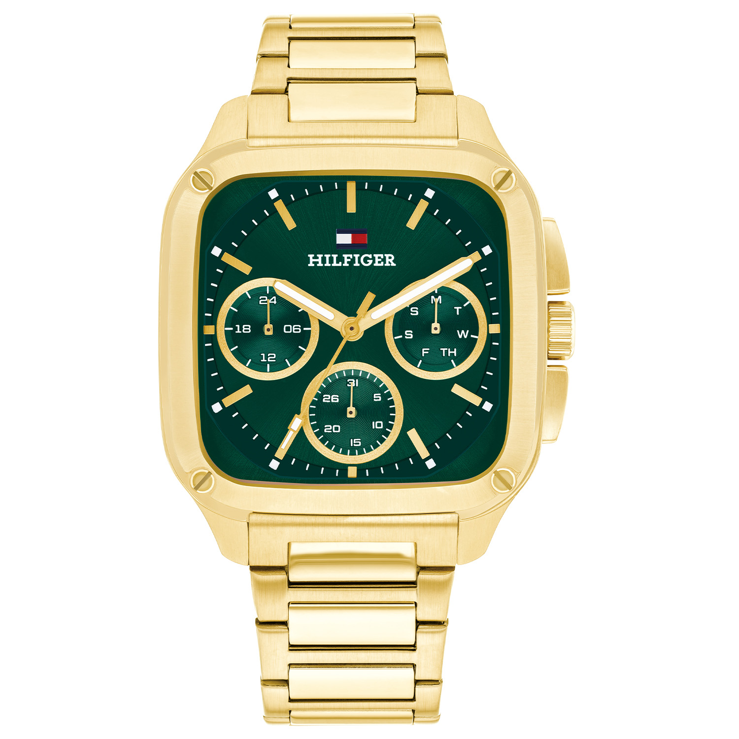 Tommy Hilfiger TH1792223 Horloge Heren Staal 37x39mm
Dit specifieke horloge van Tommy Hilfiger uit de Herald serie met artikelnr: TH1792223 is een casual herenhorloge die niet in je collectie mag ontbreken. Het stalen herenhorloge heeft een rechthoekige goudkleurige kast met een bezel met op iedere hoek een schroefje en een groene wijzerplaat met een dag, datum en 24-uursaanduiding. De kronen zijn mooi afgerond aan het strakke horloge. Aan de kast zit een stalen goudkleurige schakelband met een vouwsluiting. Het horloge heeft een mineraalglas, een afmeting van 37x39mm en is 5ATM.  

Het merk:
Sinds de lancering van het merk in 1985 is Tommy Hilfiger wereldwijd bekend geworden als pionier van de klassieke Amerikaanse coole stijl. Geïnspireerd door de iconische popcultuur en het Amerikaanse erfgoed. De dames en herencollectie van dit seizoen bestaan uit minimalistische silhouetten en rustieke lederen details. De herenhorlogecollectie biedt iconische uurwerken met roestvrijstalen, lederen en siliconen banden.

Specificaties:
- Mineraalglas
- Rechte kast 37x39mm
- Stalen goudkleurige kast
- Groene wijzerplaat
- Stalen goudkleurige schakelband 
- 5ATM