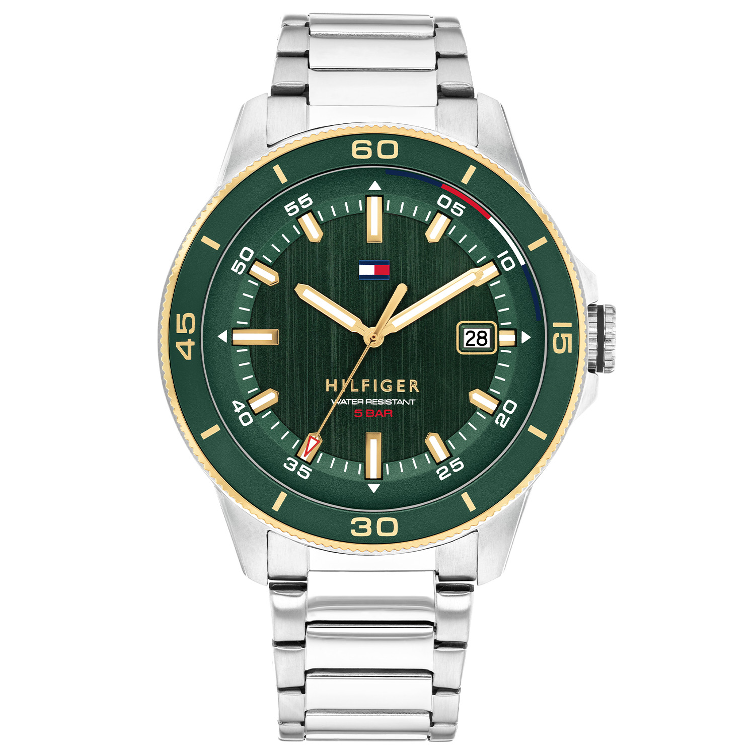 Tommy Hilfiger herenhorloge 43mm
Dit specifieke horloge van Tommy Hilfiger uit de Remy serie  is een sportief herenhorloge die niet in je collectie mag ontbreken. Het stalen herenhorloge heeft een ronde kast met een groene aluminium bezel en een groene geschuurde wijzerplaat met een datum. Aan de kast zit een stalen schakelband met een vouwsluiting. Het horloge heeft een mineraalglas, een doorsnee van 43mm en is 5ATM.  

