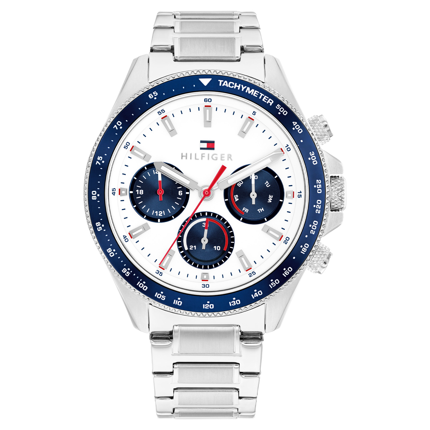 Tommy Hilfiger TH1792238 Horloge Heren Staal 44mm
Dit specifieke horloge van Tommy Hilfiger uit de Clark serie met artikelnr: TH1792238 is een sportief herenhorloge die niet in je collectie mag ontbreken. Het stalen herenhorloge heeft een ronde kast met een blauwe aluminium bezel met tachymeter en een witte wijzerplaat met een dag, datum en 24-uursaanduiding in blauwe subeyes met rode accenten. Aan de kast zit een stalen schakelband met een vouwsluiting. Het horloge heeft een mineraalglas, een doorsnee van 44mm en is 5ATM.  

Het merk:
Sinds de lancering van het merk in 1985 is Tommy Hilfiger wereldwijd bekend geworden als pionier van de klassieke Amerikaanse coole stijl. Geïnspireerd door de iconische popcultuur en het Amerikaanse erfgoed. De dames en herencollectie van dit seizoen bestaan uit minimalistische silhouetten en rustieke lederen details. De herenhorlogecollectie biedt iconische uurwerken met roestvrijstalen, lederen en siliconen banden.

Specificaties:
- Mineraalglas
- Ronde kast 44mm
- Stalen kast
- Witte wijzerplaat
- Stalen schakelband 
- 5ATM