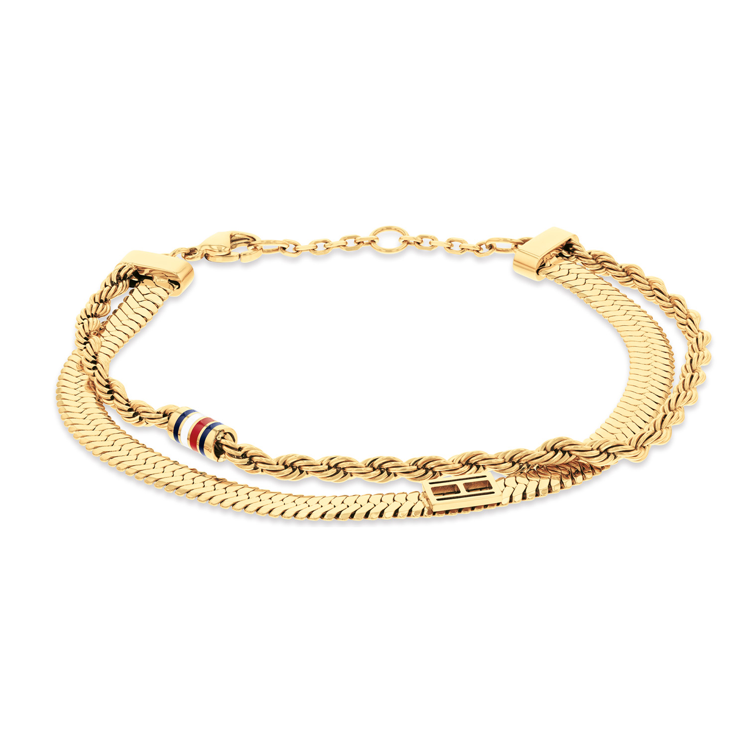 Tommy Hilfiger Jewels TJ2780982 Armband Dames Staal 20 cm GP
Deze armband van Tommy Hilfiger uit de jewelry serie Layered Set met nr: TJ2780982 is een musthave voor je Tommy collectie. De stalen goudkleurige dames armband heeft twee verschillende kettingen die samenkomen in het slot. De ene is een omega schakel en de andere een koord schakel. Door een cartieslot en diverse tussenogen is de armband op drie verschillende lengtes te dragen. De totale lengte van deze layer armband is 20cm. Erg leuk te combineren met andere sieraden uit deze serie van Tommy Hilfiger.

Het merk:
Tommy Hilfiger is wereldwijd één van de grootste designer lifestyle merken en is internationaal bekend om haar classic American cool stijl. De sieraden zijn voor dames en heren met een eigen stijl, die niet bang zijn om dit aan de wereld te laten zien.

Specificaties:
- Armband dubbel goudkleurig
- Materiaal: Staal
- Lengte 20cm verstelbaar
- Dames sieraad