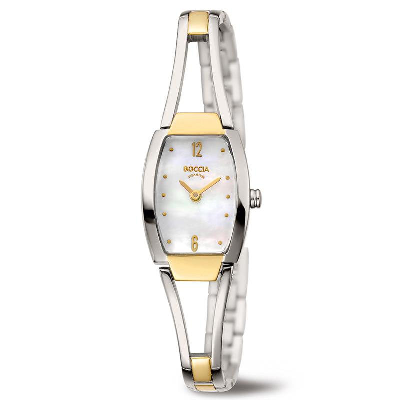 Boccia Titanium 3262-02
Dit dameshorloge van Boccia Titanium heeft een nette uitstraling. De tweekleurige titanium horlogekast zorgt voor een stijlvolle look en de parelmoer wijzerplaat maakt het horloge chique. Het horloge heeft een rechthoekige kast met een diameter van 19mm, een mineraalglas en is 5ATM. Combineer dit prachtige exemplaar met de andere sieraden van Boccia Titanium voor een complete look. Aan de titanium kast zit een titanium opengewerkte bi-color bangle band.

HET MERK
Boccia Titanium is het titanium merk van Nederland, dat zijn oorsprong in Duitsland vindt en is opgericht in het jaar 1992. Ontwikkeld door internationale ontwerpers. Alle titanium componenten van de BOCCIA TITANIUM collectie zijn gemaakt van 99,7% puur titanium; het bijzondere materiaal. Het is licht in gewicht, neemt de temperatuur van de huid aan en is zeer huidvriendelijk. Bovendien is het corrosie- en temperatuurbestendig.

SPECIFICATIES
- Mineraal glas
- Rechthoekige titanium horlogekast, Ø 19mm
- Titanium bi-color bangle band
- Parelmoer wijzerplaat
- 5ATM (Regen- & spatwaterdicht)