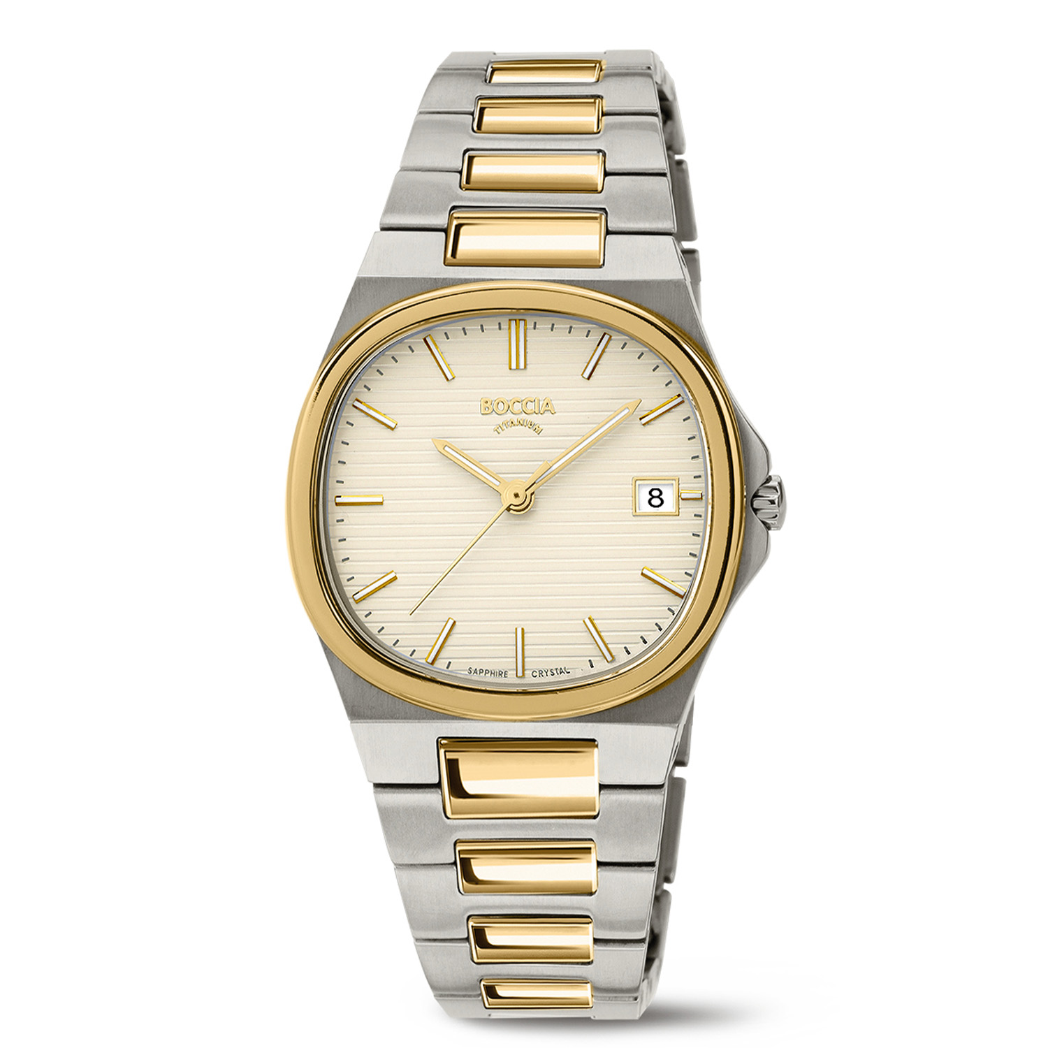 Boccia Titanium 3348-05 Dames Horloge 31mm
Dit dameshorloge van Boccia heeft een frisse en chique uitstraling. De 3348-05 heeft een rechte titanium horlogekast met een goudkleurige bezel en een cr&egrave;me wijzerplaat met een datum. Aan de titanium kast zit een bicolor titanium mat glanzende schakelband met een vouwsluiting. Het horloge heeft een doorsnee van 31mm, een saffierglas en is 5ATM. Of je nu sportief of chique gekleed gaat, dit horloge past bij elke outfit en iedere gelegenheid!

HET MERK
Boccia Titanium is het titanium merk van Nederland, dat zijn oorsprong in Duitsland vindt en is opgericht in het jaar 1992. Ontwikkeld door internationale ontwerpers. Alle titanium componenten van de BOCCIA TITANIUM collectie zijn gemaakt van 99,7% puur titanium; het bijzondere materiaal. Het is licht in gewicht, neemt de temperatuur van de huid aan en is zeer huidvriendelijk. Bovendien is het corrosie- en temperatuurbestendig.

SPECIFICATIES
- Saffierglas
- Rechte titanium horlogekast
- Bicolor titanium schakelband
- Cr&egrave;me wijzerplaat 
- &Oslash; 31mm
- 5ATM